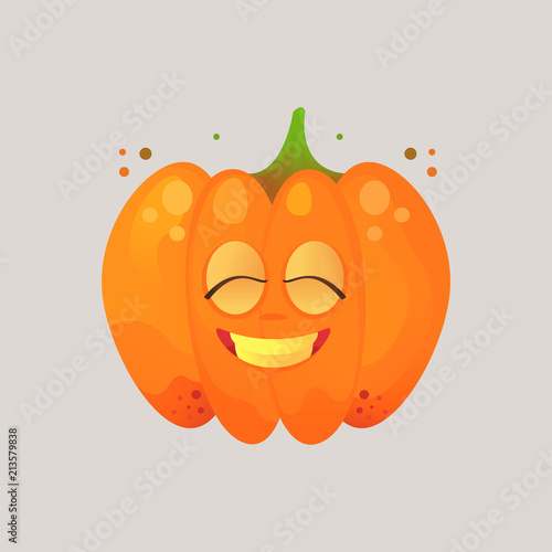 Character cartoon pumpkin. Emotional icon. He rocks his teeth with his eyes closed, very happy, peaceful. To the day of Halloween. Sticker for messengers and other communications.
