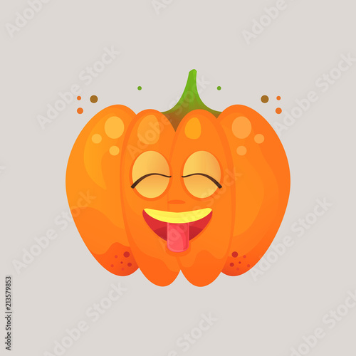 Character cartoon pumpkin. Emotional icon. Very happy, shows the tongue, eyes closed with pleasure. To the day of the Halloween. Sticker for messengers and other communications.