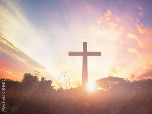 Concept conceptual black cross religion symbol silhouette in grass over sunset or sunrise sky © paul