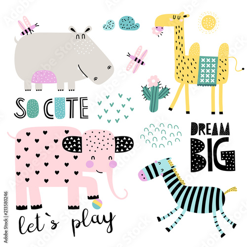 Vector set of children's drawings - exotic animals. Doodle style. Ideal for childs decoration. African set. Slogan set