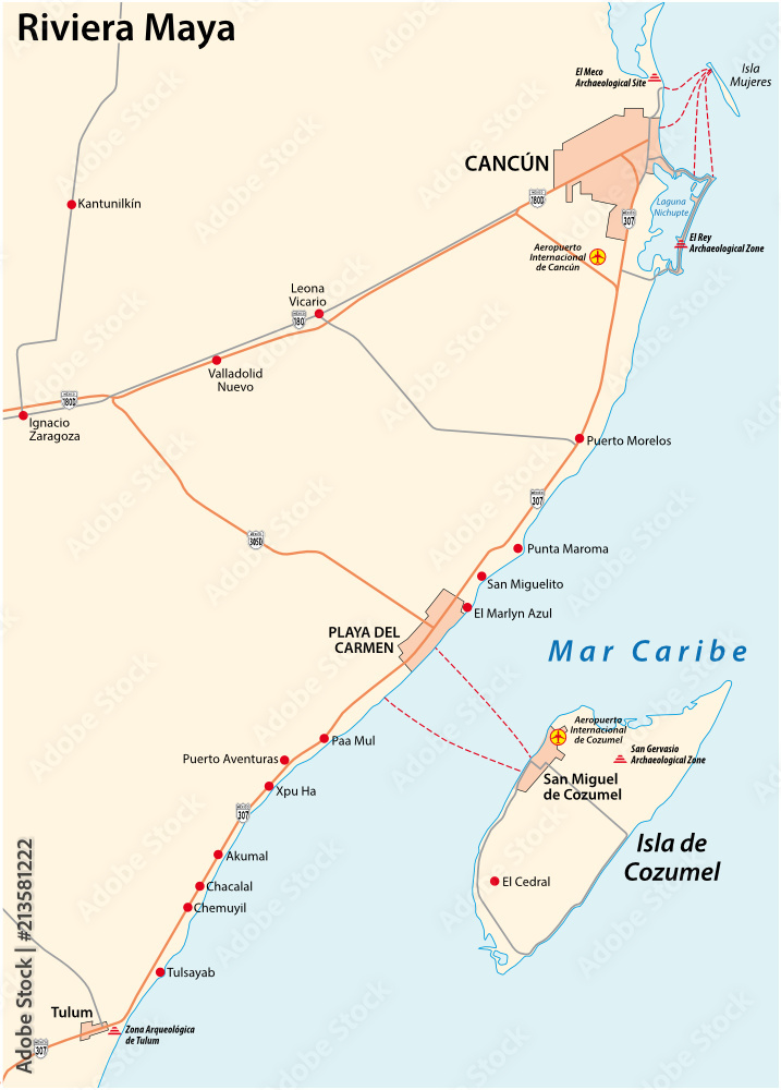 Naklejka premium riviera maya road vector map, quintana roo, mexico