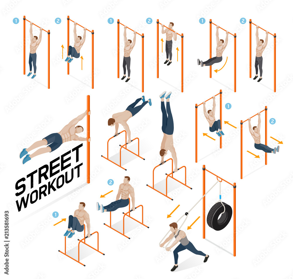 Street workout exercises. Vector illustrations. Stock Vector