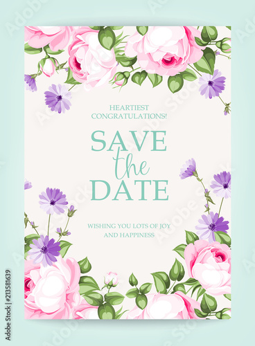 Invitation vertical card. Floral vertical vintage invitation with pink garden blooming flowers. Vector illustration.