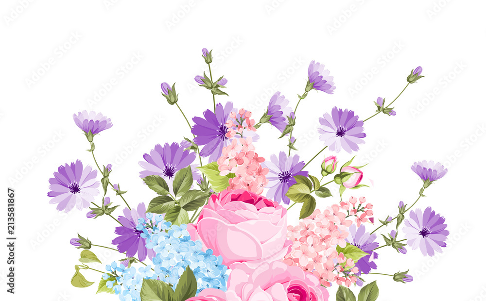 The chicory garland elegant card. A summer decorative bouquet of endive and rose flowers. Small floral garland. Vector illustration.