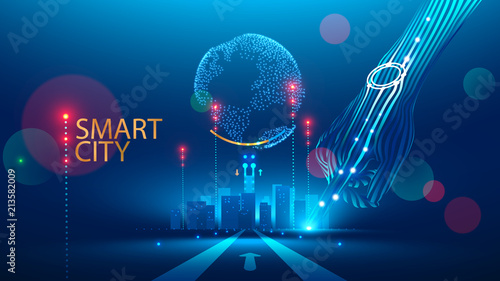 Smart City communication with global network and urban infrastructure. Wireless connection technology in lifestyle social medium. Communication Network transmit Information through internet of Things.