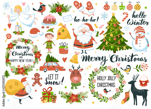 Set of Christmas and New Year element with Santa, snowman, deer, fur-tree, wreaths and other. Perfect for scrapbooking, greeting card, party invitation, poster, tag, sticker kit. Hand drawn style