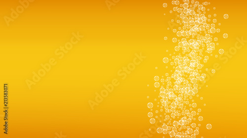 Beer background with realistic bubbles.  Cool beverage for restaurant menu design, banners and flyers.  Yellow horizontal beer background with white foam. Cold glass of ale for brewery design.
