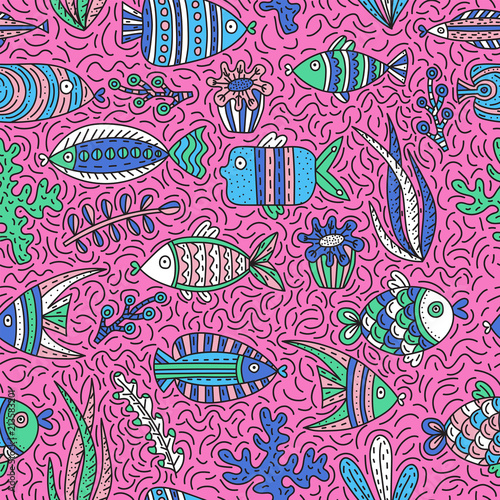 Seamless pattern with cute fishes and seaweeds