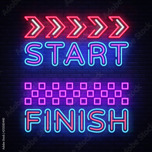 Start Finish neon sign vector. Start Finish Design template neon sign, Racing light banner, neon signboard, nightly bright advertising, light inscription. Vector illustration