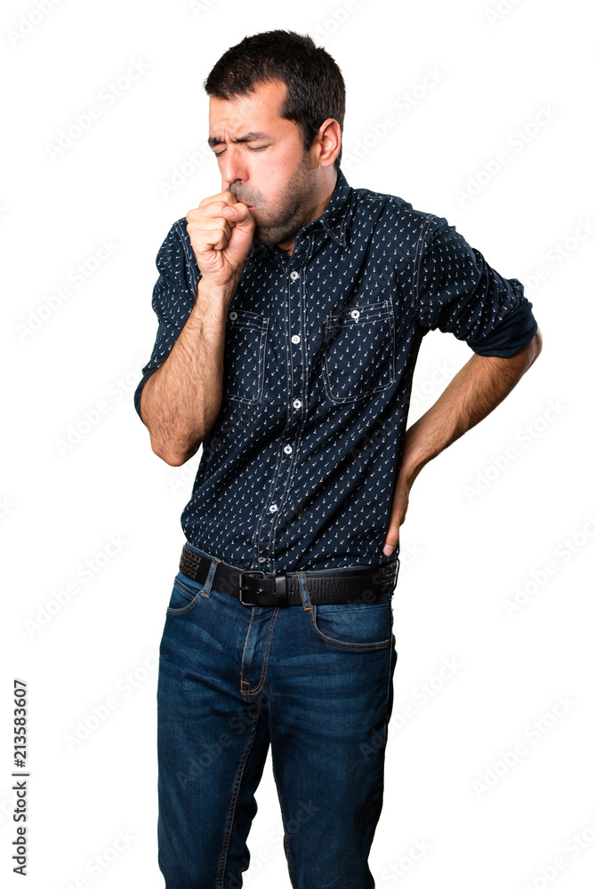 Brunette man coughing a lot on isolated white background Brunette man coughing a lot on isolated white background