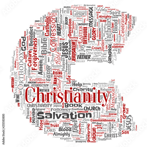 Vector conceptual christianity, jesus, bible, testament letter font C red  word cloud isolated background. Collage of teachings, salvation resurrection, heaven, confession, forgiveness, love concept