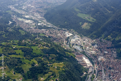 aerial of Serio river and valley near Cene, Bergamo, Italy photo