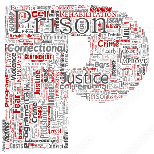 Vector conceptual prison, justice, crime letter font P red word cloud isolated background. Collage of punishment, law, rights, social, authority, system, civil, trial, rehabilitation, freedom concept