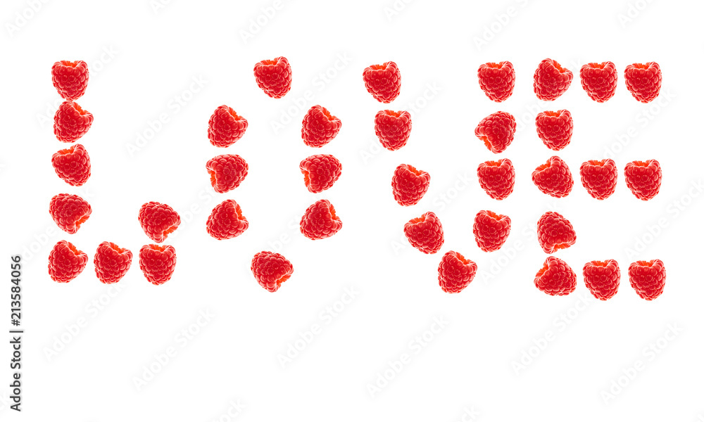 The inscription love is made of raspberries on white background