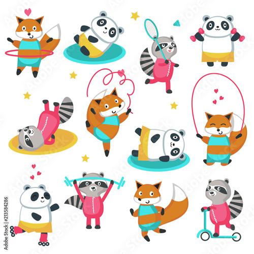 Fitness raccoon panda fox vector icon set © Siberian Art