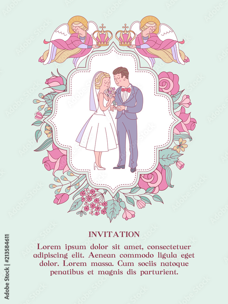 Happy weddings. Wedding ceremony. Wedding in Church. Wedding card, wedding invitation. Vector illustration. Happy weddings. Wedding ceremony. Wedding in Church. Wedding card, wedding invitation. Vector illustration.