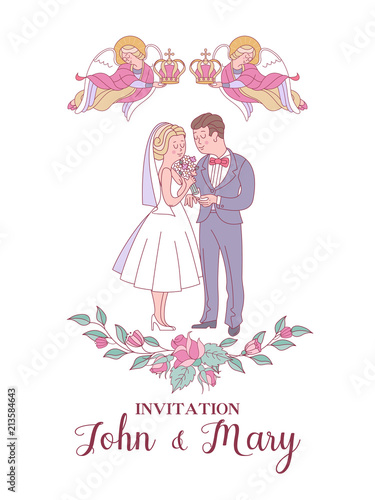 Happy weddings. Wedding ceremony. Wedding in Church. Wedding card, wedding invitation. Vector illustration.