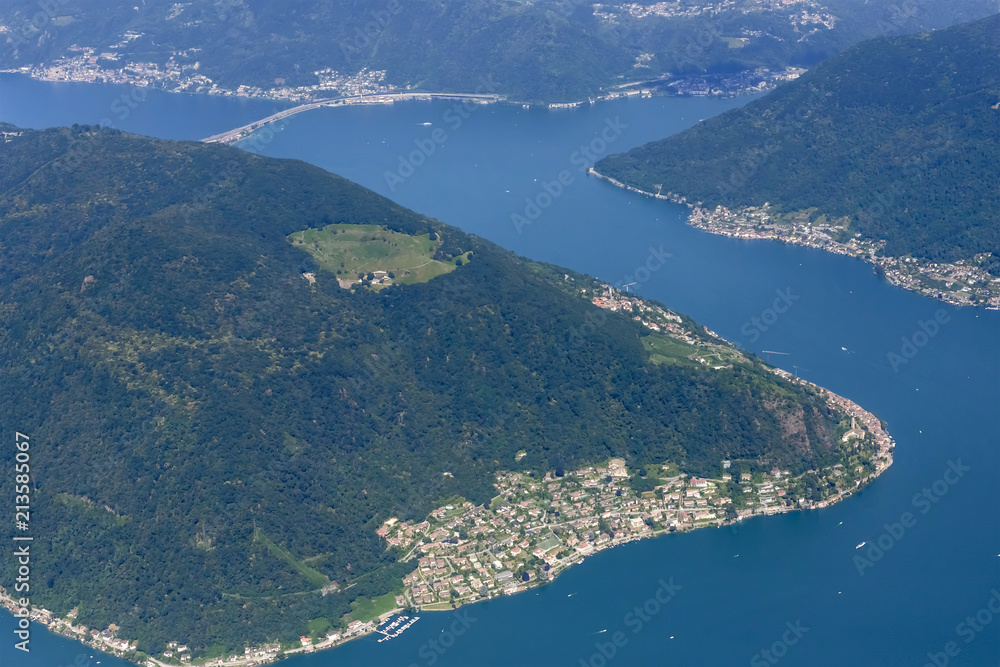 aerial of Morcote village and Lugano lake, Switzerland