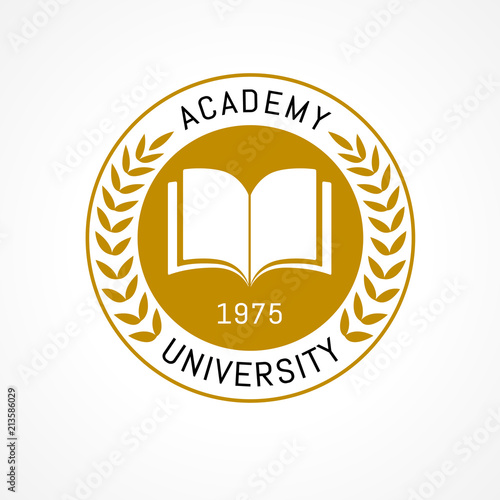 University education logo design with open book and laurel branch. University or college is golden wreath emblem template design. Vector illustration
