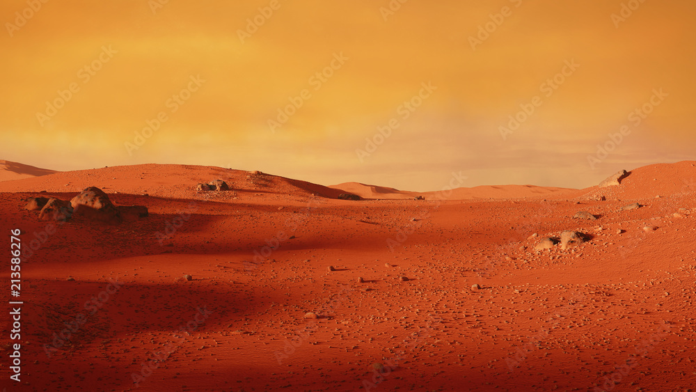 landscape on planet Mars, scenic desert scene on the red planet - obrazy, fototapety, plakaty 