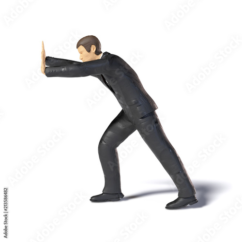 toy miniature businessman pushing figure lifting, figurine concept isolated with shadow on white background