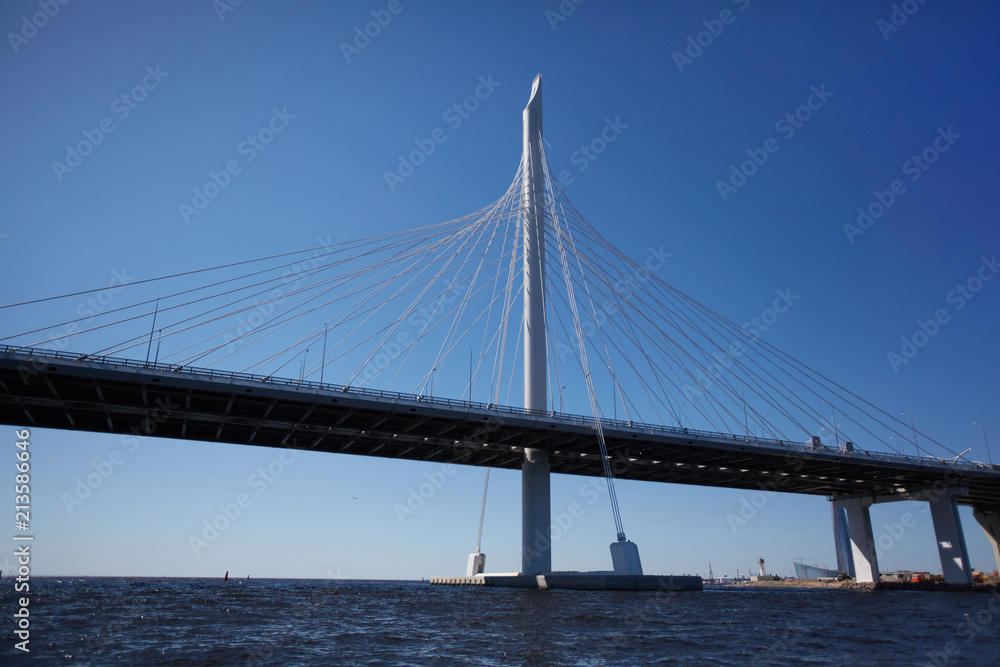 Beautiful urban high bridge with twisted steel wire ropes crossing river in big city Beautiful urban high bridge with twisted steel wire ropes crossing river in big city