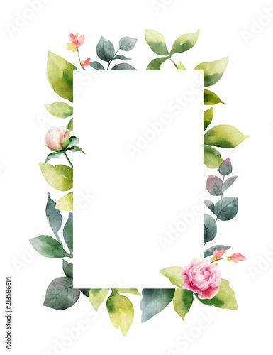 Watercolor vector hand painting frame of peony flowers and green leaves.