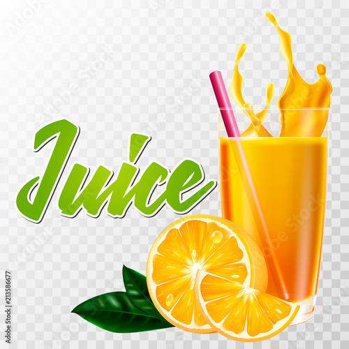 Realistic glass of orange juice with fruit and splash