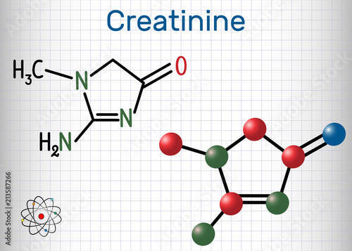 Creatinine molecule. Structural chemical formula and molecule model. Sheet of paper in a cage