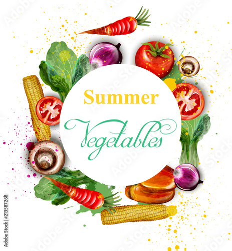 Watercolor vegetables wreath Vector. Delicious tomatoes, mushrooms and green leaves