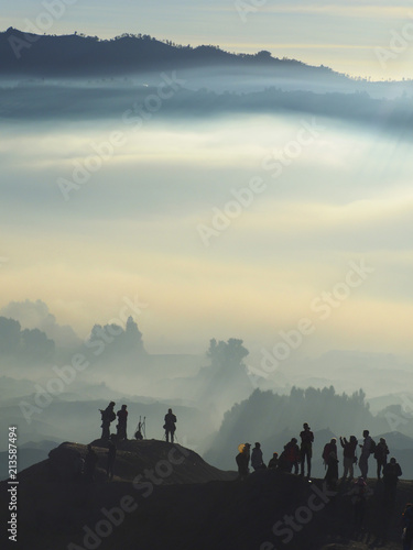 Landscape of Bromo Tengger Semeru Park in a beautiful foggy sunrise