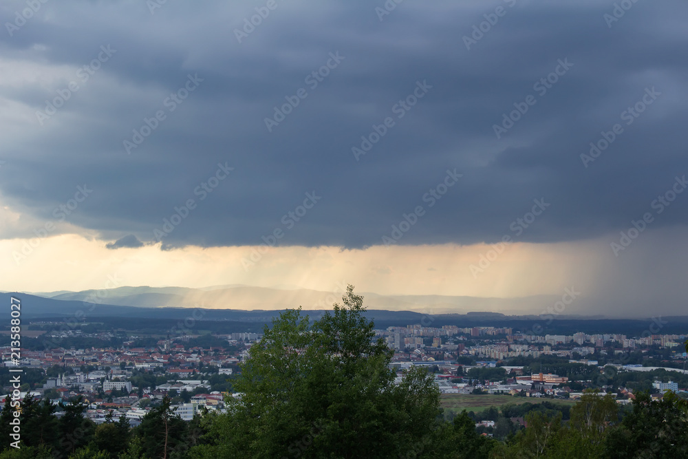 Rainy storm come over city Ceske Budejovice