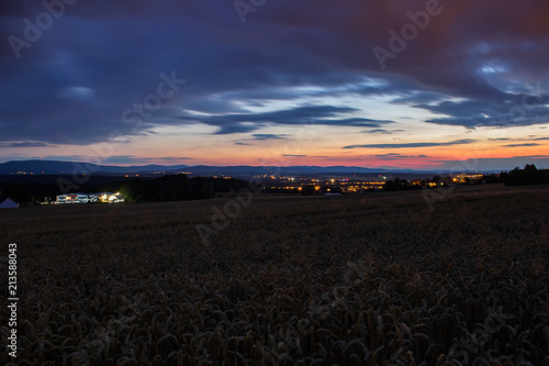 Panoramtic view to city Ceske Budejovice in sunset, long exposure