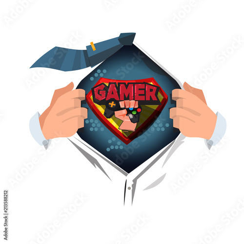 man open shirt to show "Gamer logo" gamer man concept - vector