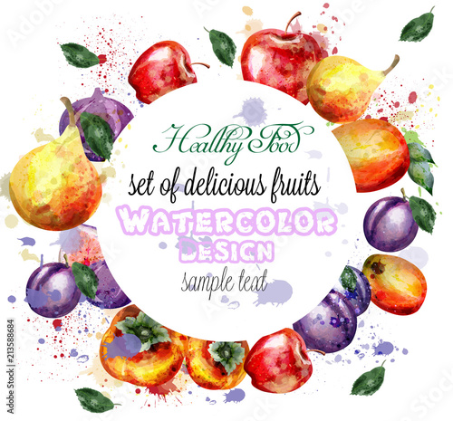Watercolor fruits wreath Vector. Apple, plum, pear summer fruit compositions