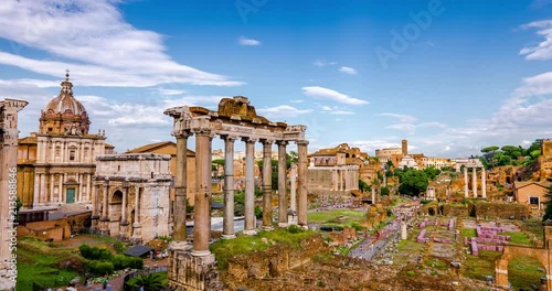 Roman Forum Foro Romano Rome Italy Detail Architecture Landmark in City Center Timelapse 4K. Roman Forum Panoramic View. 