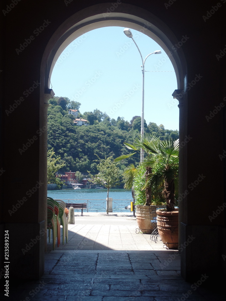 View of Lake Maggiore in northern Italy taken through an arch