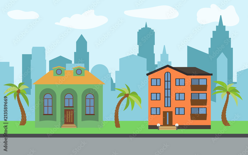 Vector city with two-story and three-story cartoon houses and palm trees in the sunny day. Summer urban landscape. Street view with cityscape on a background
