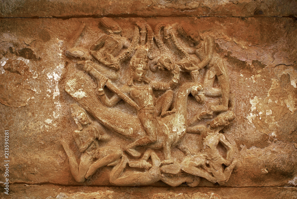 Carved figure of Kartikeya Ganesha's brother seated on his vehicle Mayura peacock on the ceiling of the porch. Hucchimalli Gudi Mad Malli's temple , Aihole, Bagalkot, Karnataka
