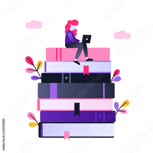Flat vector character working with laptop. Modern ultraviolet gradient illustration of distance learning, online courses, education, online books, exam preparation, e-learning.