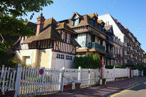 A traditional building in the city of Deauville, Calvados department of Normandy, France. Beautiful spring morning landscape