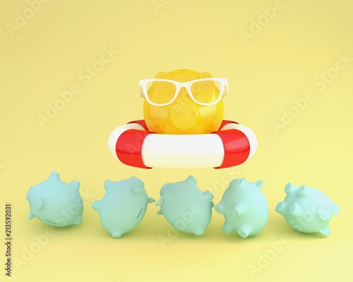 Creative idea layout of piggy and sunglasses with blue pool floating above piggy bank other on yellow pastel background. minimal business finance concept. Holidays In Economic
