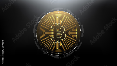 Cyberpunk Bitcoin Futuristic Sci-Fi Technology Cryptocurrency Textured Coin Hi-Tech Illustration. Isolated on Blue Mesh Background