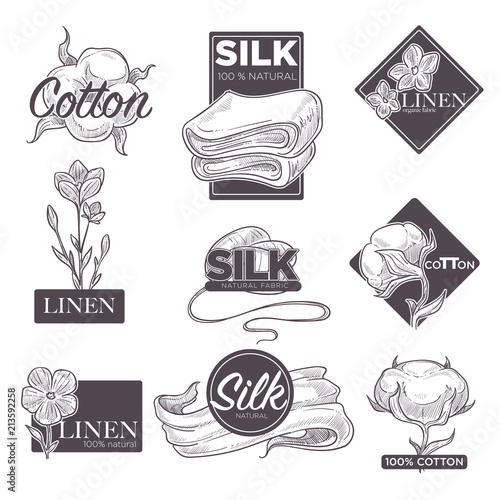 Cotton and silk linen vector textile labels sketch