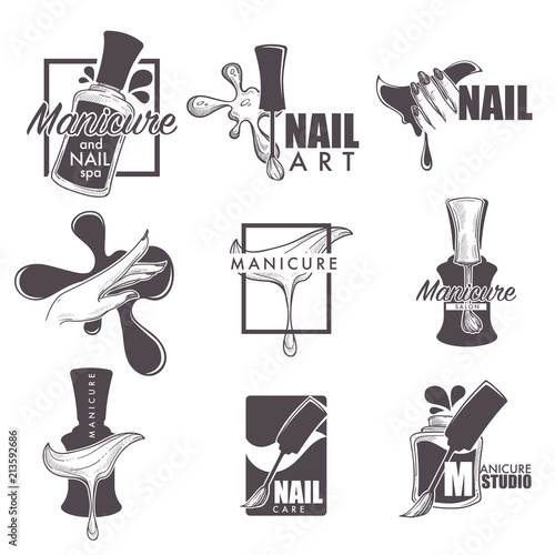 Manicure and nail spa vector sketch icons