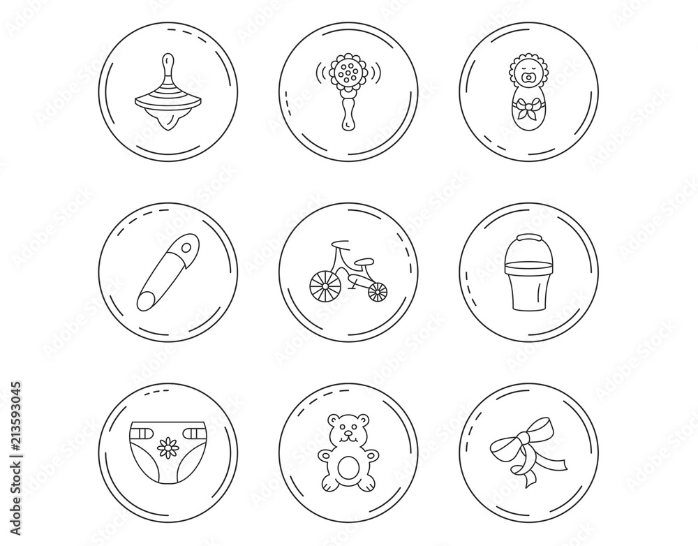 Newborn, diapers and bear toy icons. First bike. Newborn, diapers and bear toy icons. First bike.