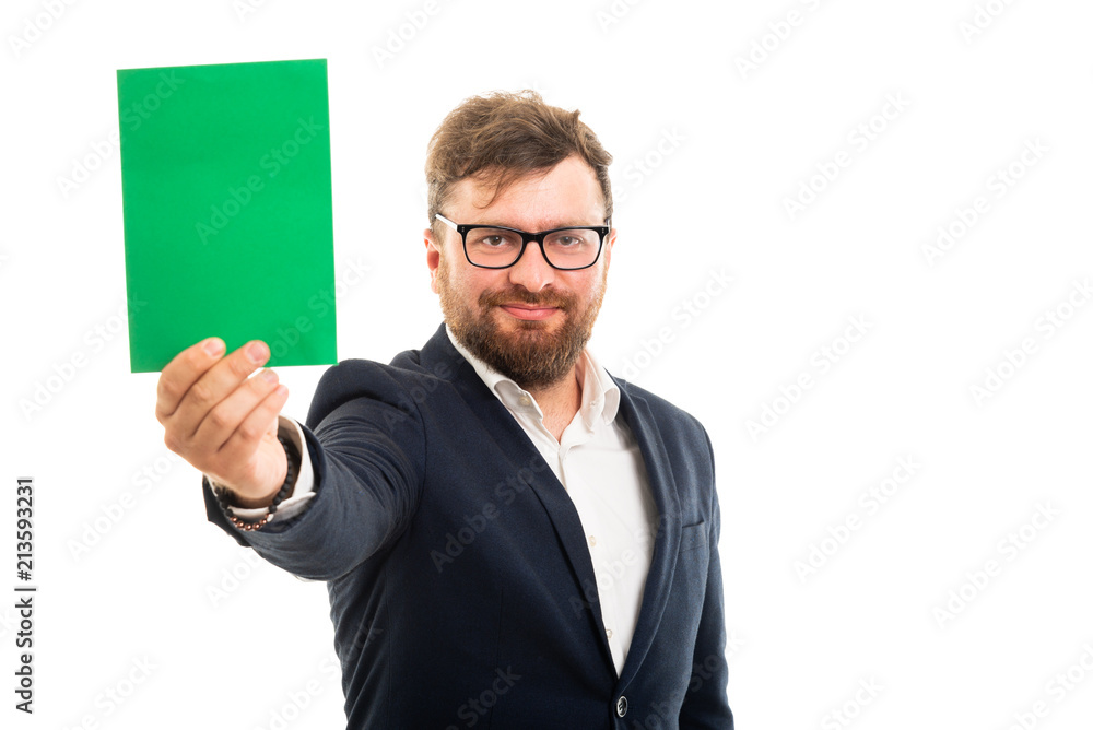 Portrait of business man showing green card board. Portrait of business man showing green card board.