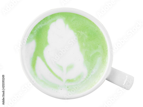 Top viwe. Milk green tea latte in cup on isolated white background