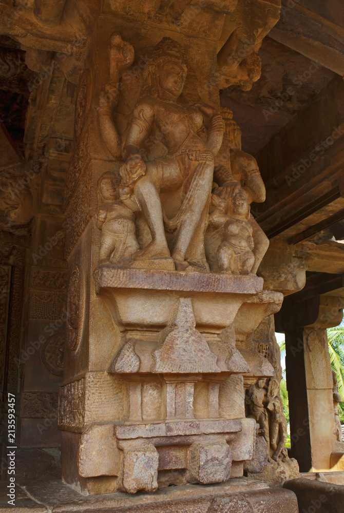 Carved figures of the god on the decorated sober and square pillars of the entrance porch of Durga temple, Aihole, Bagalkot, Karnataka. The Galaganatha Group of temples.