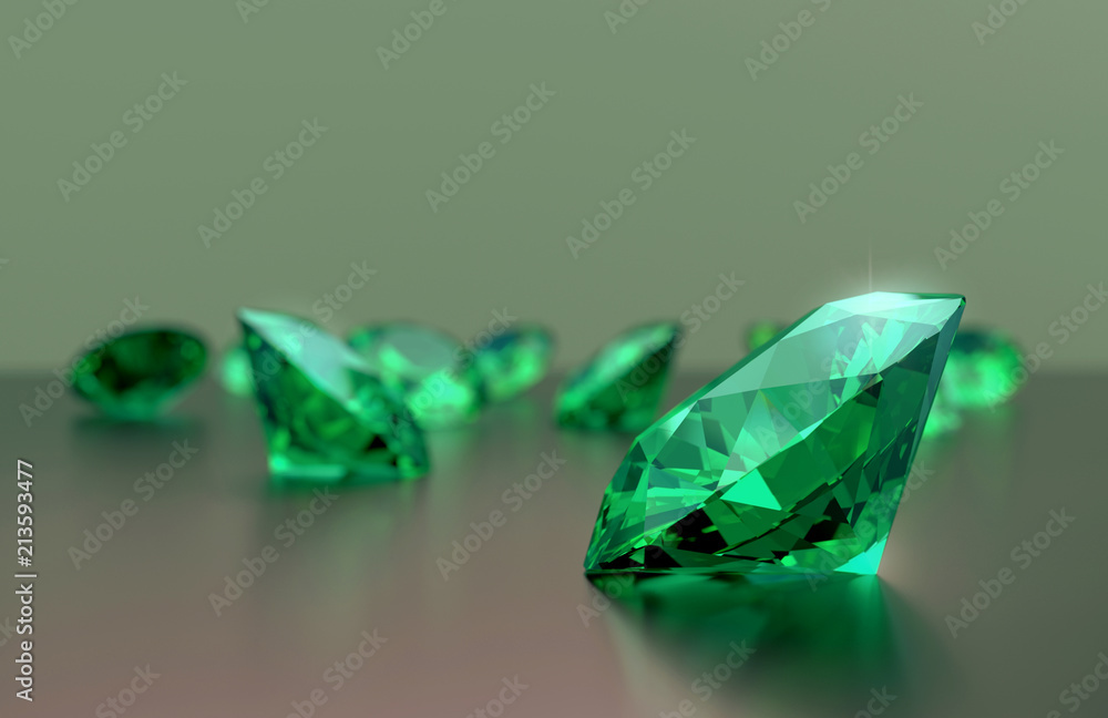 Fototapeta premium Green Emerald diamonds Gem placed on reflection background 3d rendering.
